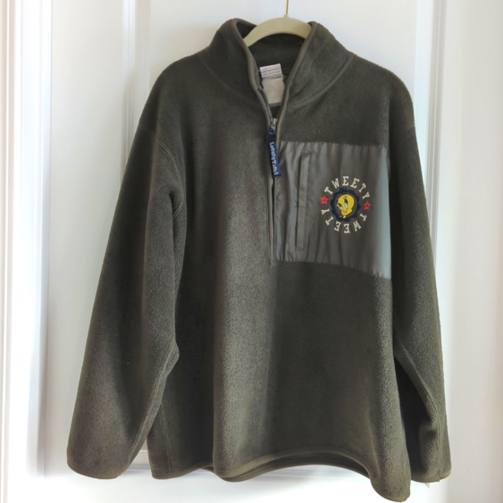VTG Looney Tunes Tweety Bird Men's Sz M Retro Fleece Olive Green Sweatsh…